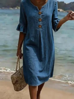 Robe midi femme en lin mélangé col V boutons en bois volants manches courtes coupe ample idéale pour la plage