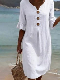Robe midi femme en lin mélangé col V boutons en bois volants manches courtes coupe ample idéale pour la plage