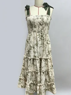Robe midi fleurie à smocks pour femme - Robe d'été vert sauge bohème à épaules dénudées et volants étagés - Idéale pour les vacances d'été à la plage 2026