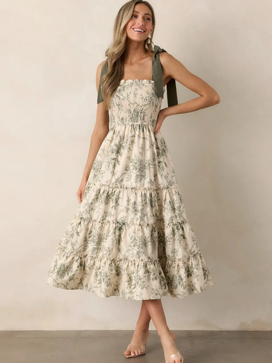 Robe midi fleurie à smocks pour femme - Robe d'été vert sauge bohème à épaules dénudées et volants étagés - Idéale pour les vacances d'été à la plage 2026