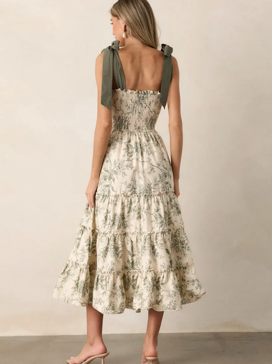 Robe midi fleurie à smocks pour femme - Robe d'été vert sauge bohème à épaules dénudées et volants étagés - Idéale pour les vacances d'été à la plage 2026