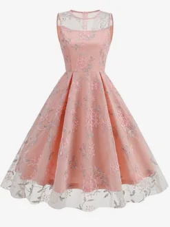 Robe midi fleurie vintage années 1950 pour femme - Robe de bal trapèze en tulle brodé et col illusion - Idéale pour un cocktail d'été 2026