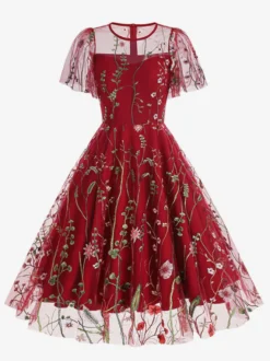 Robe midi fleurie vintage années 1950 pour femme - Robe de bal trapèze à manches courtes volantées en tulle brodé - Idéale pour un mariage d'été 2026
