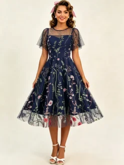 Robe midi fleurie vintage années 1950 pour femme - Robe de bal trapèze à manches courtes volantées en tulle brodé - Idéale pour un mariage d'été 2026