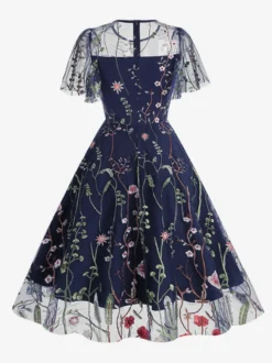 Robe midi fleurie vintage années 1950 pour femme - Robe de bal trapèze à manches courtes volantées en tulle brodé - Idéale pour un mariage d'été 2026