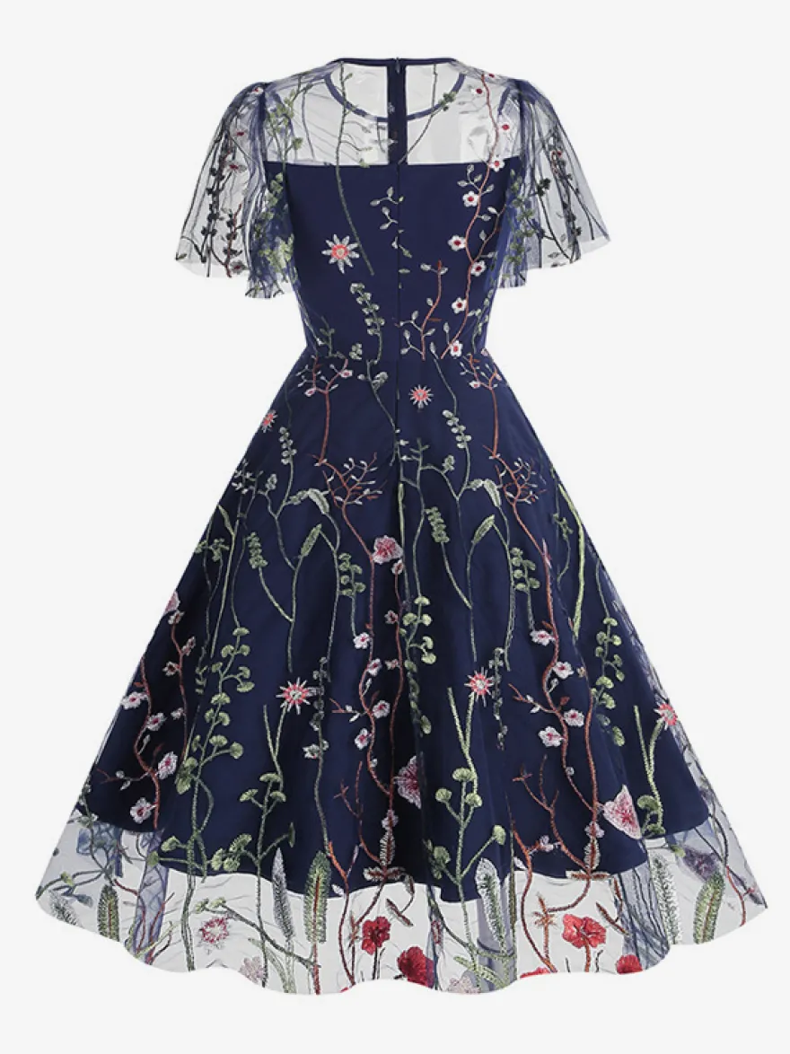 Robe midi fleurie vintage années 1950 pour femme - Robe de bal trapèze à manches courtes volantées en tulle brodé - Idéale pour un mariage d'été 2026