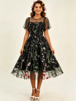 Robe midi fleurie vintage années 1950 pour femme - Robe de bal trapèze à manches courtes volantées en tulle brodé - Idéale pour un mariage d'été 2026