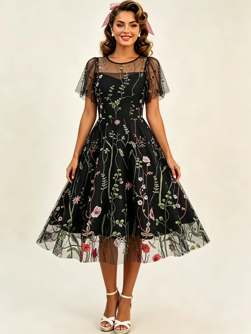 Robe midi fleurie vintage années 1950 pour femme - Robe de bal trapèze à manches courtes volantées en tulle brodé - Idéale pour un mariage d'été 2026