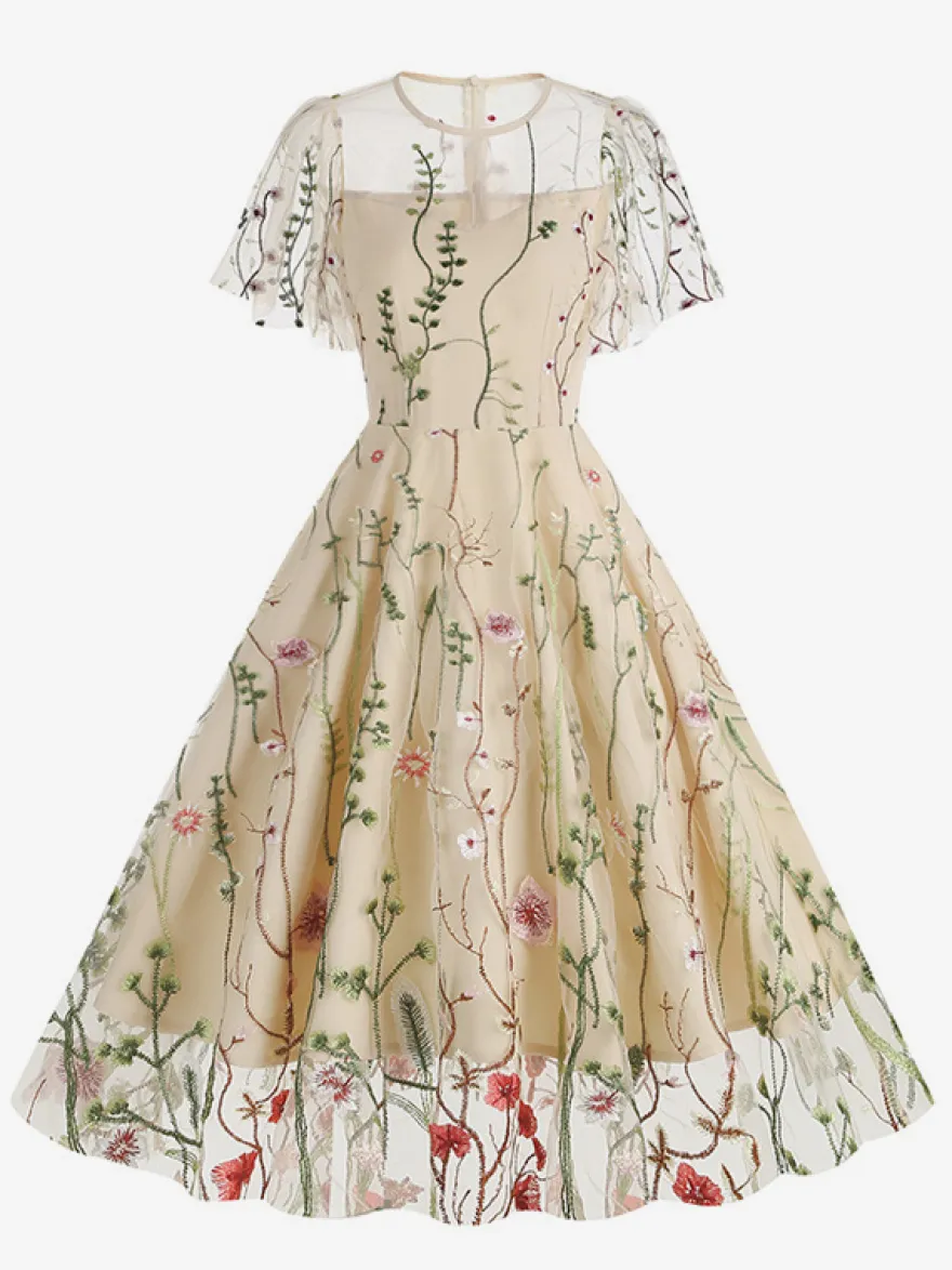 Robe midi fleurie vintage années 1950 pour femme - Robe de bal trapèze à manches courtes volantées en tulle brodé - Idéale pour un mariage d'été 2026