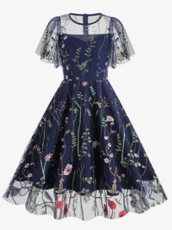 Robe midi fleurie vintage années 1950 pour femme - Robe de bal trapèze à manches courtes volantées en tulle brodé - Idéale pour un mariage d'été 2026