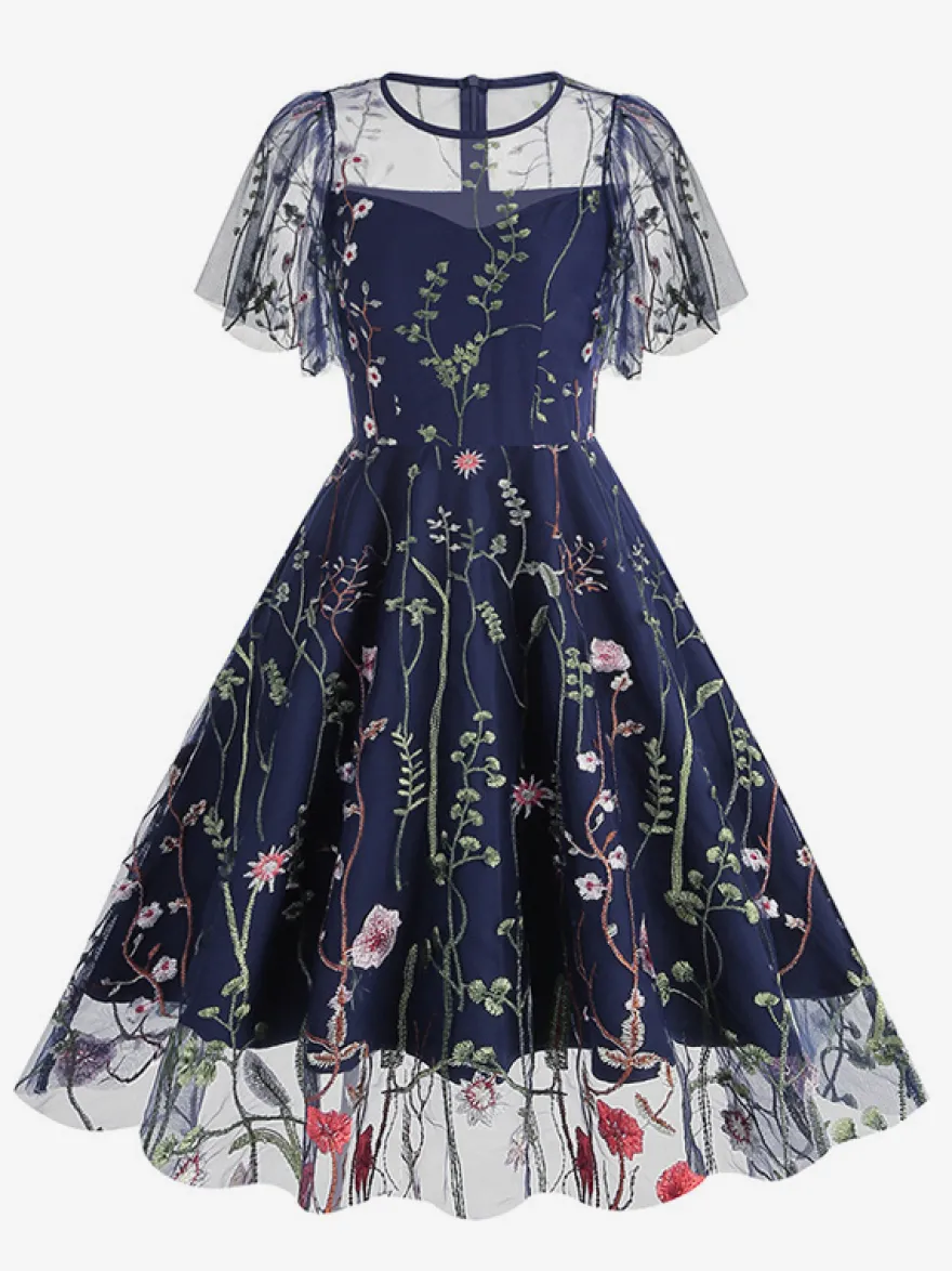 Robe midi fleurie vintage années 1950 pour femme - Robe de bal trapèze à manches courtes volantées en tulle brodé - Idéale pour un mariage d'été 2026