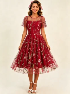 Robe midi fleurie vintage années 1950 pour femme - Robe de bal trapèze à manches courtes volantées en tulle brodé - Idéale pour un mariage d'été 2026