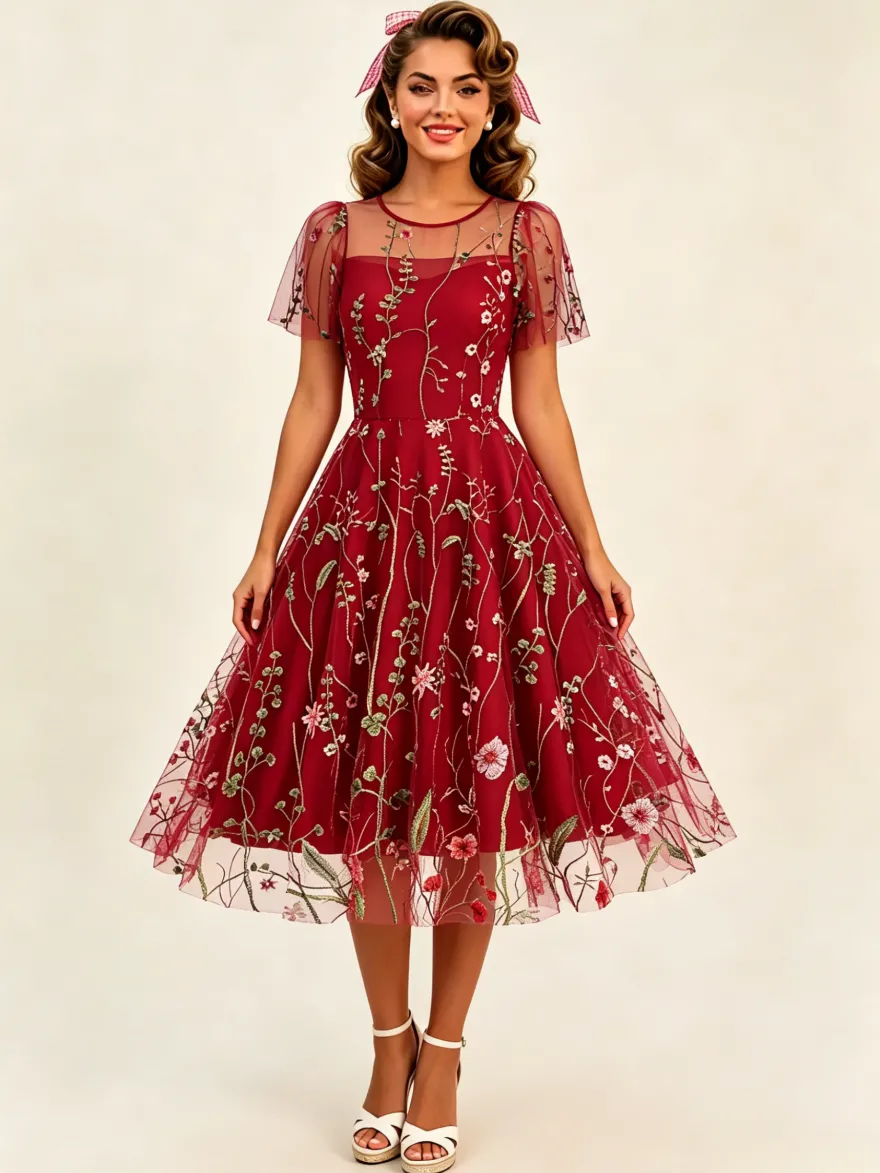 Robe midi fleurie vintage années 1950 pour femme - Robe de bal trapèze à manches courtes volantées en tulle brodé - Idéale pour un mariage d'été 2026