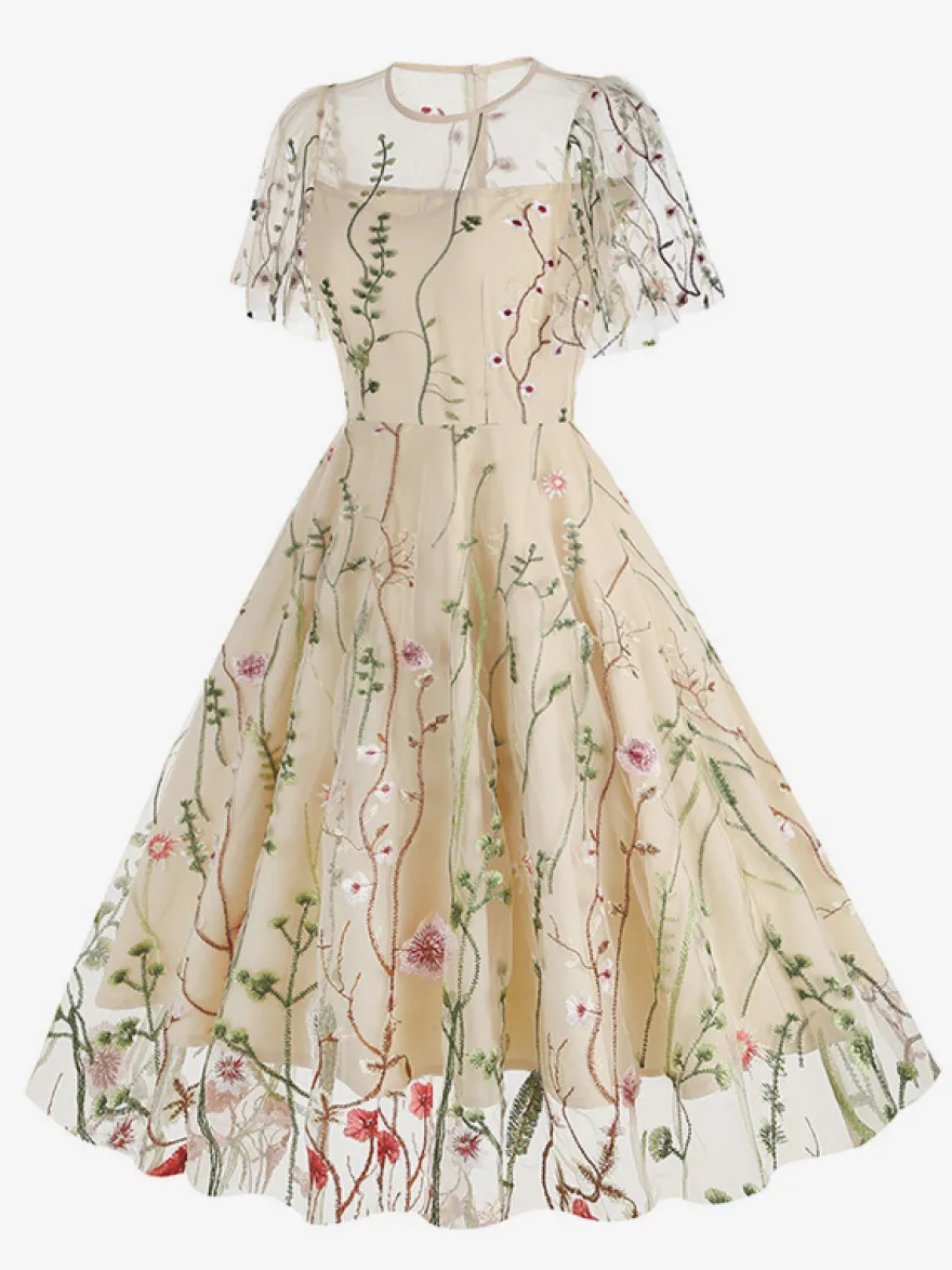 Robe midi fleurie vintage années 1950 pour femme - Robe de bal trapèze à manches courtes volantées en tulle brodé - Idéale pour un mariage d'été 2026