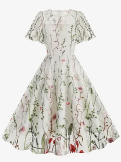 Robe midi fleurie vintage années 1950 pour femme - Robe de bal trapèze à manches courtes volantées en tulle brodé - Idéale pour un mariage d'été 2026