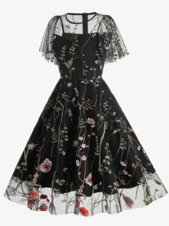 Robe midi fleurie vintage années 1950 pour femme - Robe de bal trapèze à manches courtes volantées en tulle brodé - Idéale pour un mariage d'été 2026