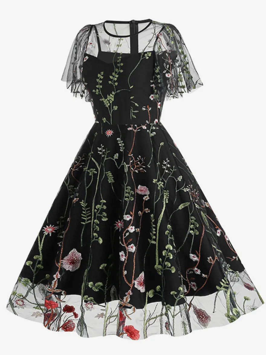 Robe midi fleurie vintage années 1950 pour femme - Robe de bal trapèze à manches courtes volantées en tulle brodé - Idéale pour un mariage d'été 2026