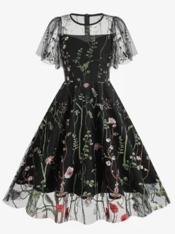 Robe midi fleurie vintage années 1950 pour femme - Robe de bal trapèze à manches courtes volantées en tulle brodé - Idéale pour un mariage d'été 2026