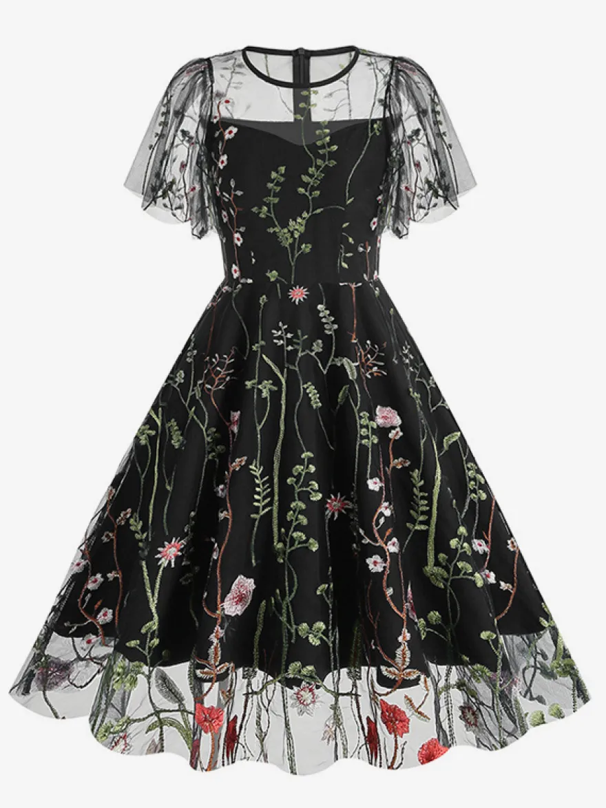Robe midi fleurie vintage années 1950 pour femme - Robe de bal trapèze à manches courtes volantées en tulle brodé - Idéale pour un mariage d'été 2026