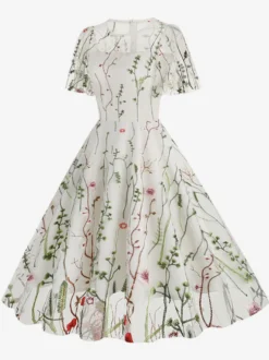 Robe midi fleurie vintage années 1950 pour femme - Robe de bal trapèze à manches courtes volantées en tulle brodé - Idéale pour un mariage d'été 2026