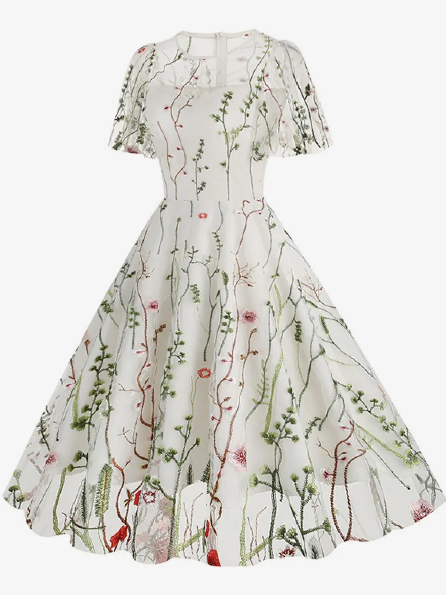 Robe midi fleurie vintage années 1950 pour femme - Robe de bal trapèze à manches courtes volantées en tulle brodé - Idéale pour un mariage d'été 2026