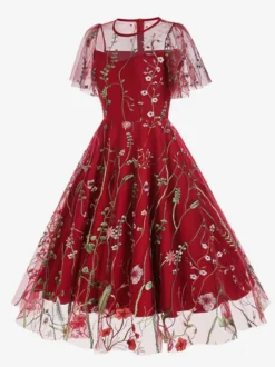Robe midi fleurie vintage années 1950 pour femme - Robe de bal trapèze à manches courtes volantées en tulle brodé - Idéale pour un mariage d'été 2026