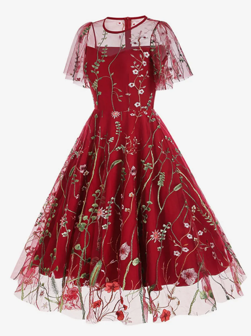 Robe midi fleurie vintage années 1950 pour femme - Robe de bal trapèze à manches courtes volantées en tulle brodé - Idéale pour un mariage d'été 2026