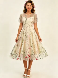 Robe midi fleurie vintage années 1950 pour femme - Robe de bal trapèze à manches courtes volantées en tulle brodé - Idéale pour un mariage d'été 2026
