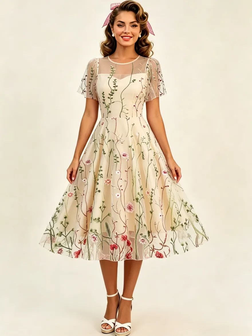 Robe midi fleurie vintage années 1950 pour femme - Robe de bal trapèze à manches courtes volantées en tulle brodé - Idéale pour un mariage d'été 2026