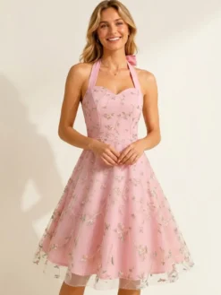 Robe midi fleurie vintage années 1950 pour femme - Robe d'été trapèze en maille brodée à col halter - Idéale pour un mariage printanier au jardin (2026)