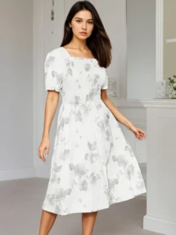Robe midi fluide à col carré manches bouffantes et imprimé floral smocké Daily Dresses