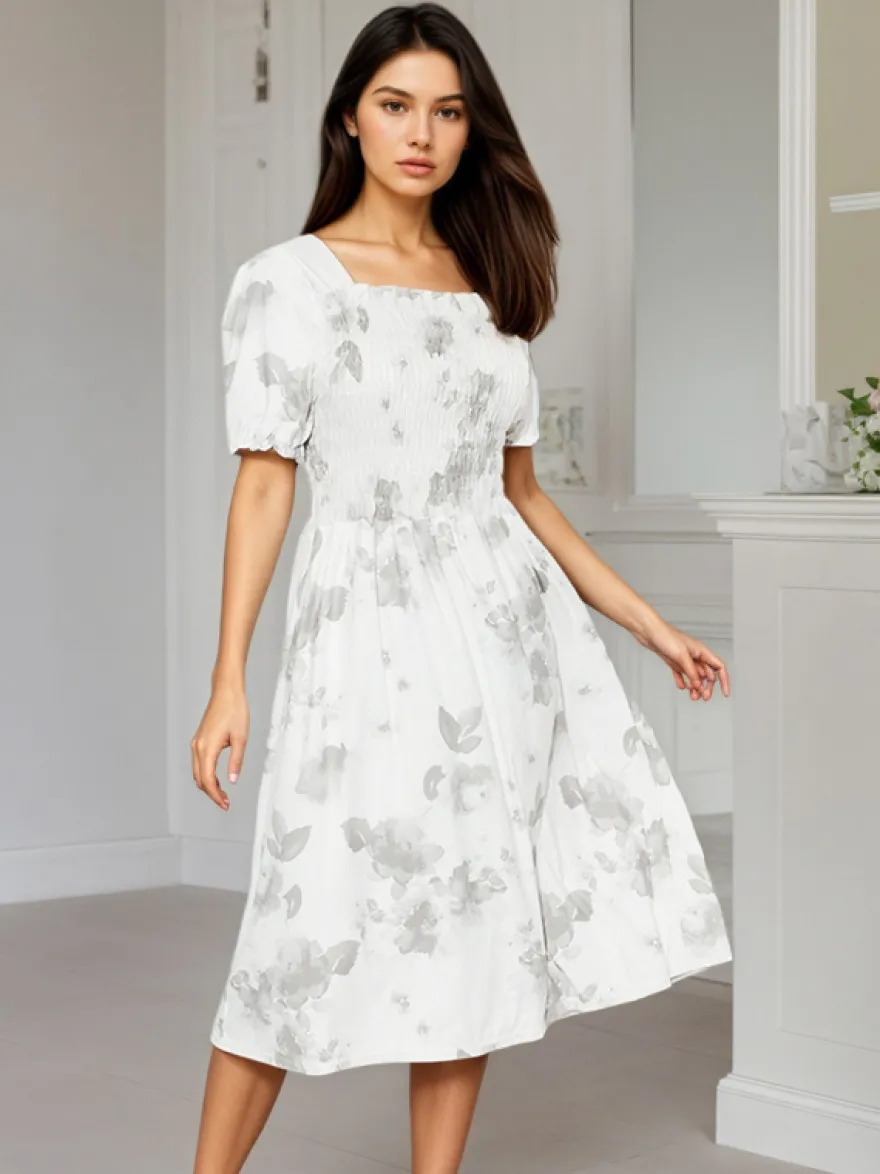 Robe midi fluide à col carré manches bouffantes et imprimé floral smocké Daily Dresses
