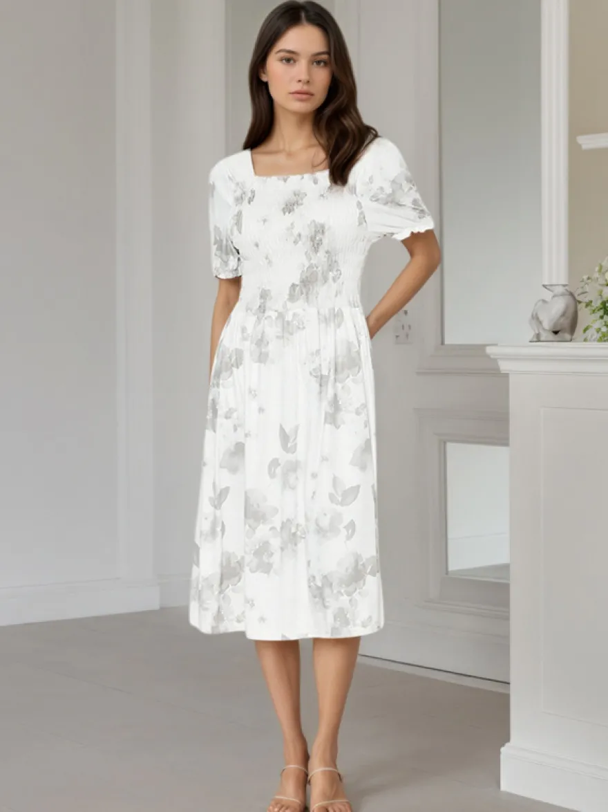Robe midi fluide à col carré manches bouffantes et imprimé floral smocké Daily Dresses