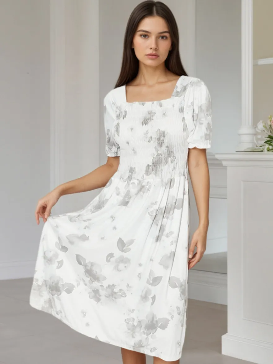 Robe midi fluide à col carré manches bouffantes et imprimé floral smocké Daily Dresses