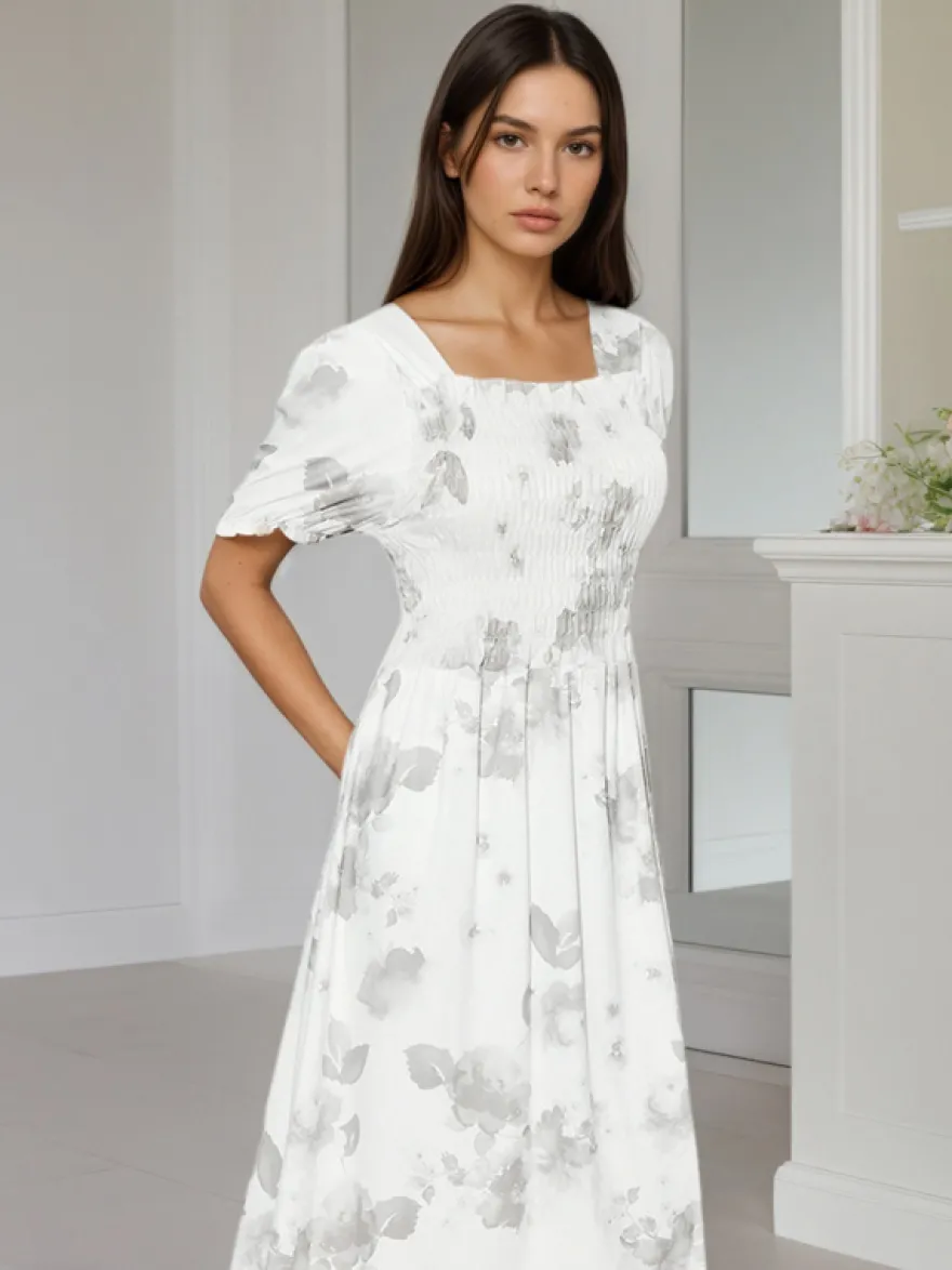 Robe midi fluide à col carré manches bouffantes et imprimé floral smocké Daily Dresses