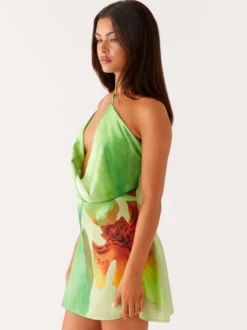 Robe midi à imprimé floral dos nu lacé en mousseline chic avec col orné sans manches