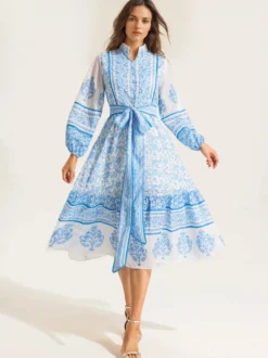 Robe midi à imprimé floral pour femme - Manches lanternes col montant coupe trapèze ceinture - Style folklorique - Idéale pour une garden-party printanière (2026)