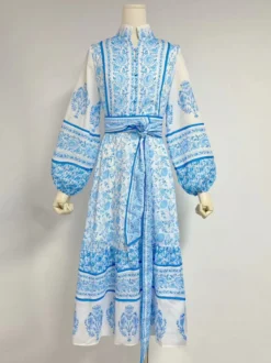 Robe midi à imprimé floral pour femme - Manches lanternes col montant coupe trapèze ceinture - Style folklorique - Idéale pour une garden-party printanière (2026)