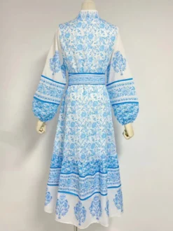 Robe midi à imprimé floral pour femme - Manches lanternes col montant coupe trapèze ceinture - Style folklorique - Idéale pour une garden-party printanière (2026)