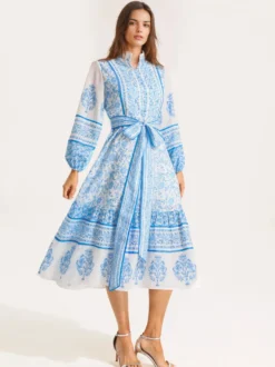 Robe midi à imprimé floral pour femme - Manches lanternes col montant coupe trapèze ceinture - Style folklorique - Idéale pour une garden-party printanière (2026)