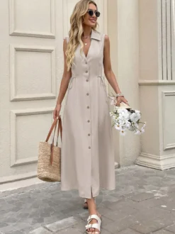 Robe midi kaki sans manches à col en V et boutons sur le devant avec cordon de serrage latéral idéale pour tous les jours.