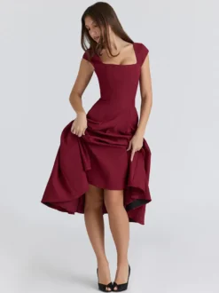Robe midi élégante à col carré et coupe trapèze pour femme - Robe d'été vintage sans manches cintrée et évasée - Idéale pour les invités aux mariages d'été et les cocktails (collection 2026)