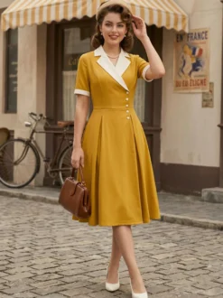 Robe midi élégante à revers rétro et boutons latéraux coupe ajustée et évasée pour femme (collection 2026)