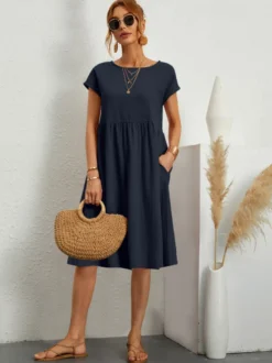 Robe midi à manches courtes pour femme - Robe t-shirt ample minimaliste unie avec poches - Idéale pour un look décontracté d'été 2026