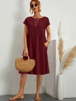 Robe midi à manches courtes pour femme - Robe t-shirt ample minimaliste unie avec poches - Idéale pour un look décontracté d'été 2026