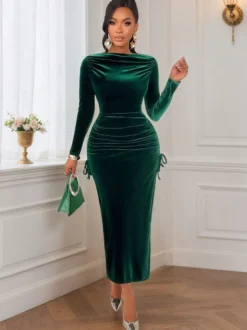 Robe midi à manches longues froncées en velours vert émeraude pour femme 2026