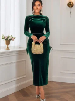 Robe midi à manches longues froncées en velours vert émeraude pour femme 2026