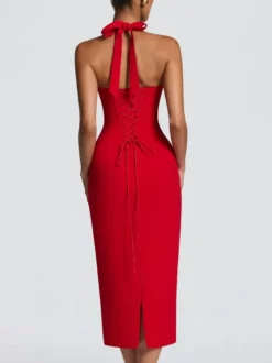 Robe midi moulante à col halter et dos lacé pour femme 2026