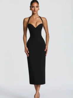 Robe midi moulante à col halter et dos lacé pour femme 2026