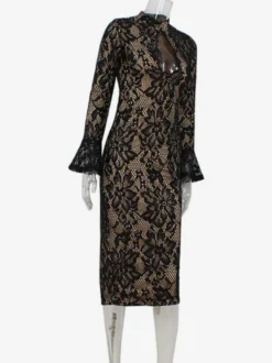 Robe midi moulante en dentelle pour femme - Robe fourreau noire vintage à manches cloche et fente au dos - Idéale pour un cocktail de printemps 2026
